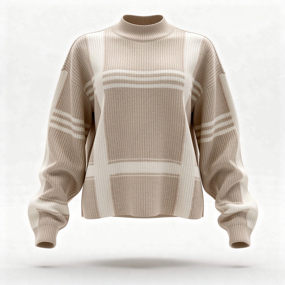Ann Taylor Medium Beige Plaid Mock Neck Knit Sweater - Size M